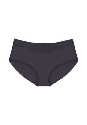 Černé bezešvé dámské kalhotky s V-širokým páskem na bílém pozadí.