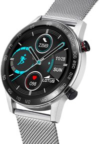 Montre intelligente ronde avec un écran noir, une lunette en acier inoxydable argenté et un bracelet en maille. Comprend un suivi de fitness, un moniteur de fréquence cardiaque et un afficheur de date.
