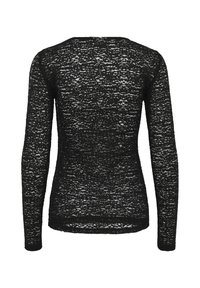 Long-sleeve top in black lace fabric, featuring a textured, open-knit design and a fitted silhouette. Simple round neckline.
