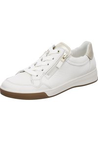 White leather sneaker with a textured finish, featuring round toe, lace-up front, side zipper, and a beige accent at the heel.