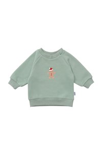 Light green sweatshirt made of soft fabric. Features a gingerbread man graphic with a red Santa hat and striped candy cane on the front.