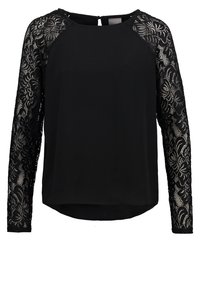 Top nero con lunghe maniche in pizzo che presentano motivi floreali. Corpetto morbido con orlo arrotondato, chiusura a chiave sul retro e vestibilità comoda.