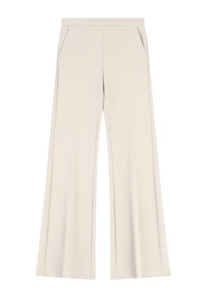 Pantaloni beige a gamba larga con tasche laterali frontali e vita aderente, mostrati distesi su sfondo bianco.