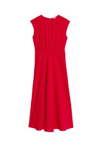 Vestido sin mangas rojo con escote redondo, pliegues fruncidos en la cintura y una falda acampanada fluida, confeccionado en una tela ligera.