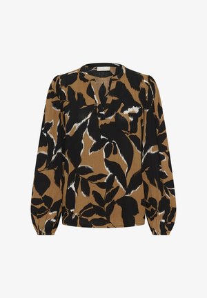 Braune Bluse mit schwarz-weißen Blattmustern, langen Ärmeln und V-Ausschnitt. Hergestellt aus leichtem Stoff mit strukturierter Oberfläche.