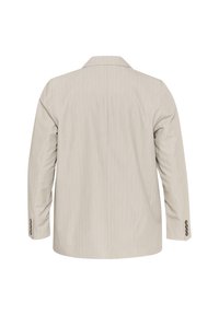 Lichtbeige blazer met een krijtstreep patroon, enkele split, notch rever en lange mouwen. Heeft knoopaccenten op de manchetten.