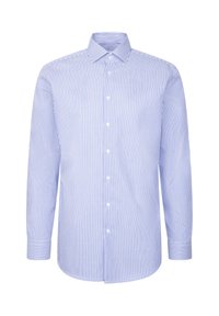 Camicia a maniche lunghe con motivo a righe bianche e blu, chiusura con bottoni e colletto classico in tessuto liscio e intrecciato.