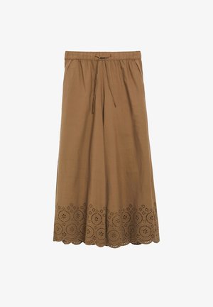 Brauner Midirock mit elastischem Bund, Kordelzug, Seitentaschen und lasergefrästem kreisförmigem Blumenmuster entlang des gewellten Saums.