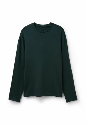 Dark green long-sleeve t-shirt, made of soft fabric, featuring a round neck, relaxed fit, and no visible patterns or accents.