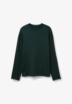T-shirt à manches longues vert foncé, en tissu doux, avec un col rond, une coupe décontractée, sans motifs ni accents visibles.