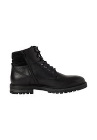 Bottine en cuir noir avec un laçage à l'avant, fermeture éclair sur le côté, semelle texturée et col rembourré, présentée en profil latéral sur fond blanc.