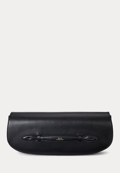 Black leather clutch bag with rounded edges and a stitched handle featuring gold Polo by Ralph Lauren logo.