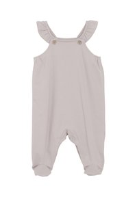 Lys grå bomulds jumpsuit med frynsede stropper, knapdetaljer og elastiske ankler. Simpelt design med en glat tekstur.