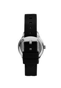 Orologio rotondo con un cinturino in silicone nero, cassa in acciaio inox argentato e quadrante nero. Presenta una fibbia in metallo e una corona laterale per la regolazione.