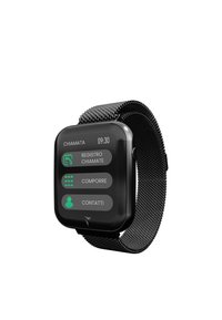 Smartwatch mit einem rechteckigen schwarzen Touchscreen-Display, einem Metall-Mesh-Armband und grünen Symbolen für Anrufprotokoll, Wahl und Kontakte.