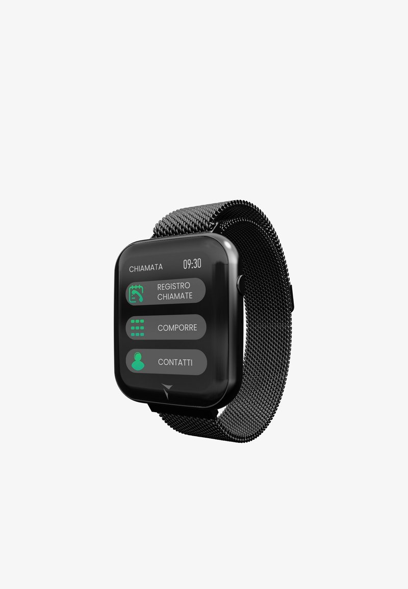Smartwatch con display touch screen rettangolare nero, cinturino in metallo a maglia e icone verdi per il registro delle chiamate, il tastierino e i contatti.
