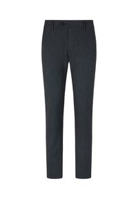 Dunkelgraue Hose aus einem strukturierten Stoff, mit einem Knopfverschluss und schlanker Passform sowie geraden Beinen. Keine sichtbaren Muster oder Akzente.