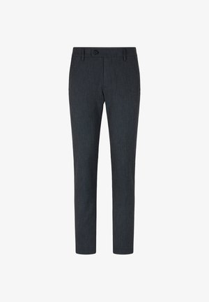 Donkergrijze broeken gemaakt van een gestructureerde stof, met een knoopsluiting en een slim fit met rechte pijpen. Geen zichtbare patronen of accenten.