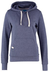 Marinblå hoodie i mjukt tyg, med en kenguruficka, krämfärgade dragsko och ribbade ärmslut och nederkant. Minimal logotyp.