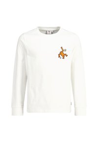 T-shirt en coton blanc à manches longues avec une figure brodée orange sur la poitrine. Design simple avec un col rond et des poignets côtelés.