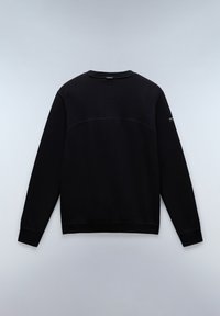 Sudadera negra de tela suave, con mangas largas, puños acanalados y un diseño minimalista que presenta un sutil detalle de costura en los hombros.