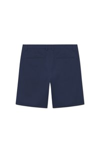 Șorturi bleumarin dintr-un material neted, cu croială dreaptă, două buzunare la spate fără ornamentații vizibile.