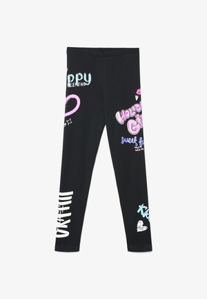 Leggings nere con una texture liscia, caratterizzate da testi e grafiche colorate in rosa, blu e bianco, inclusi cuori e frasi.
