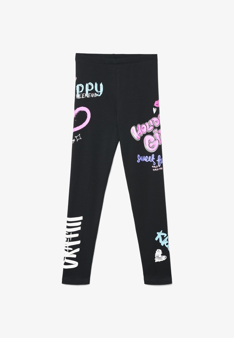 Leggings nere con una texture liscia, caratterizzate da testi e grafiche colorate in rosa, blu e bianco, inclusi cuori e frasi.