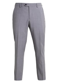 Pantaloni gri, tăiați, cu o textură netedă și o croială slim. Au închidere cu nasture și buzunare laterale discrete.