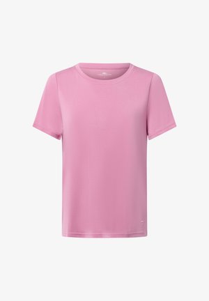 T-shirt à manches courtes en rose clair, en tissu lisse, avec un col arrondi et une coupe décontractée. Logo minimaliste dans le coin inférieur.