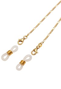 Catena di metallo color oro con due accenti a forma di anello bianco, avvolta in filo dorato, dotata di fermagli a granchio.