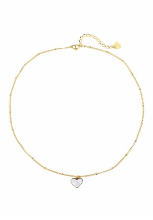 Gold chain necklace featuring small round beads and a heart-shaped charm with a white iridescent surface. Adjustable clasp with a heart accent.