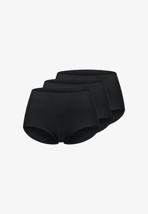 Drei schwarze, nahtlose, hoch taillierte Damenunterhosen ohne sichtbare Muster oder Logos gestapelt.