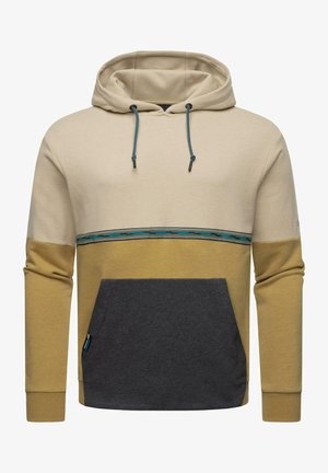 Hoodie in beige, mosterdgeel en donkergrijs. Bevat een voorzak, contrasterende horizontale strepen en blauwe trekkoorden.