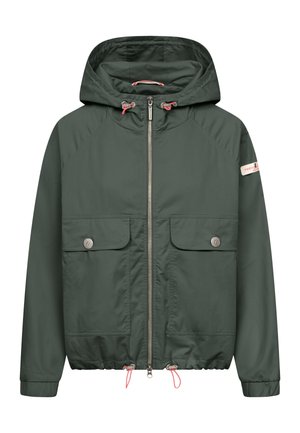 Dark green hooded jacket with front zipper, two buttoned flap pockets, elastic cuffs, and adjustable drawstrings at hem and hood.