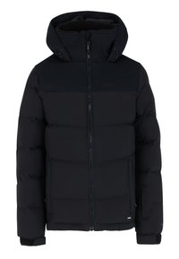Doudoune noire avec capuche, fermeture éclair, poignets élastiques et poches latérales. Le matériau est lisse avec une finition mate.