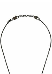 Schwarze Metallkette, glatte Textur, mit kleinen Gliedern. Verschlussbeschläge für sichere Befestigung, mit einem einfachen, minimalistischen Design.