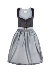 Dunkelgrauer samtiger Mieder mit tiefem Ausschnitt, silberner Satinrock und dekorativer gemusterter Bordüre; mit Knopfverschluss und ornamentaler Gürtelschnalle.