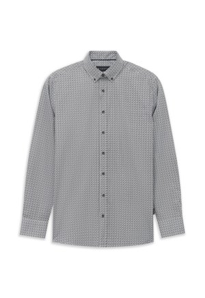 Langärmliges Hemd mit Knöpfen, kleinem schwarz-weißem geometrischem Muster und geknöpftem Kragen auf weißem Hintergrund.