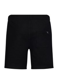 Pantaloni corti neri in cotone con tasca posteriore e vita elastica. Il tessuto ha una consistenza liscia senza motivi o accessori visibili.