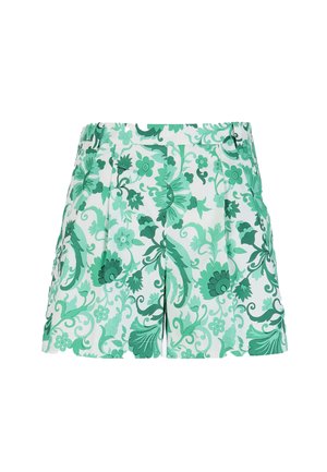 Shorts taille haute avec motifs floraux et feuilles verts sur fond blanc, dotés de plis et de poches latérales.