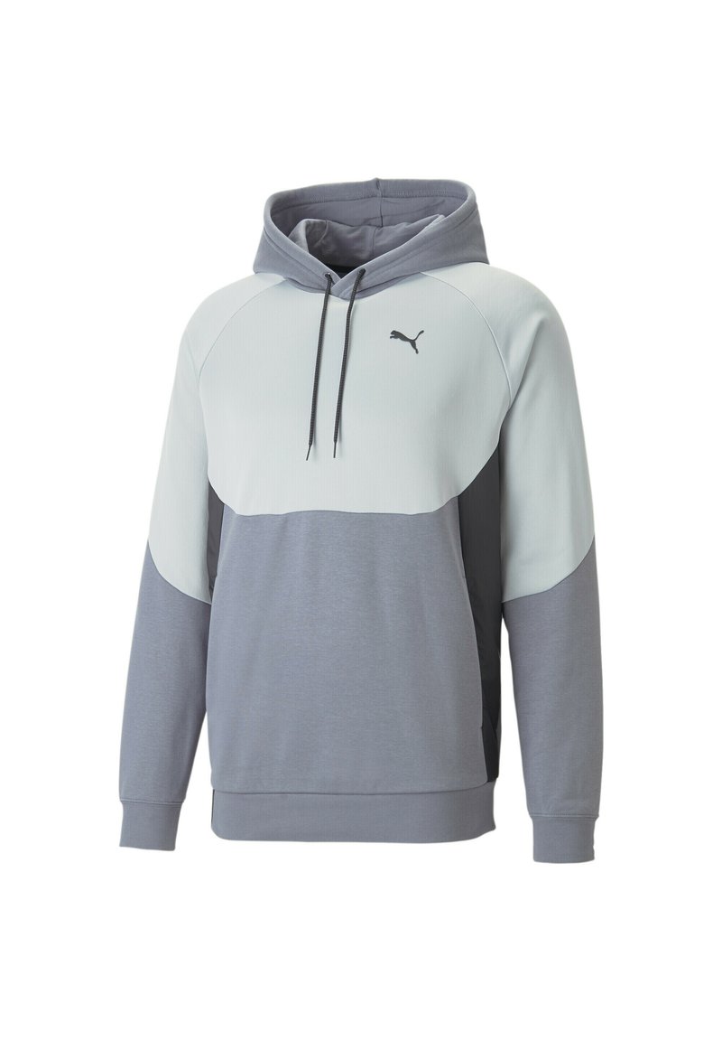 Felpa grigia con un design bicolore; pannello superiore grigio chiaro, pannello inferiore grigio scuro. Dotata di cappuccio con cordino e logo sul petto.