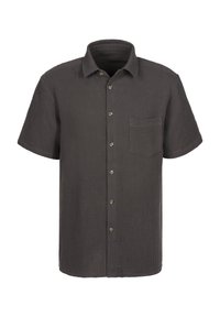 Kurzarm-Hemd mit Knopfleiste aus dunkelgrauem, strukturiertem Stoff. Mit einer Brusttasche und fünf sichtbaren Knöpfen auf der Vorderseite.