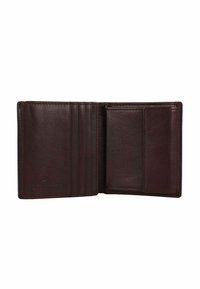 Portafoglio in pelle marrone scuro con più slot per carte, un compartimento per contanti e una texture liscia. Presenta un branding minimale su un lato.