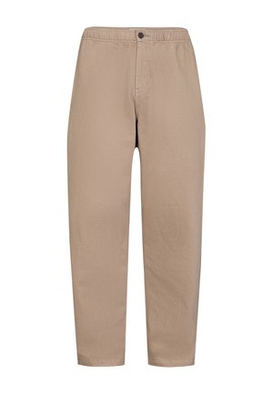 Beige bomuldsbukser med elastisk talje, lige ben, en frontknaplukning og minimale syninger.