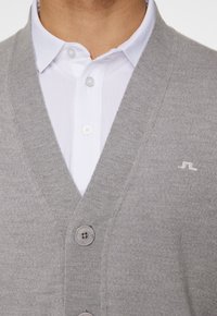 Grå stickad väst med djup V-hals, utrustad med två knappar och en diskret logotyp på vänster bröst, bärs över en vit skjorta med krage.