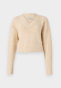 Pull beige en maille avec col en V, manches longues, poignets et ourlet côtelés, tissu texturé en mélange de laine, étiquette Holzweiller.