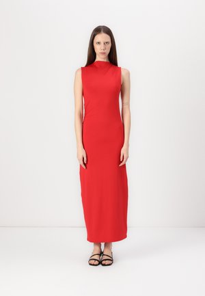 Red sleeveless midi dress with a high neck, made from smooth, stretch fabric, featuring a fitted silhouette and no visible patterns.