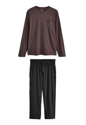 Long-sleeve maroon shirt with a chest pocket paired with black, elastic-waist pants. Both are made from soft, lightweight fabric.