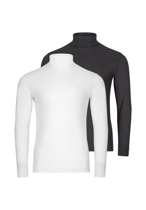 Zwei langärmelige Rollkragen-Shirts, eines weiß vorne und eines dunkelgrau dahinter, auf einem schlichten weißen Hintergrund präsentiert.